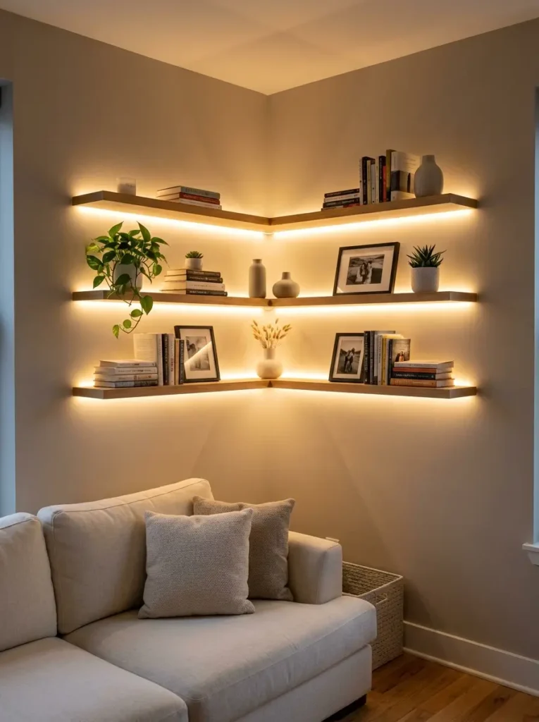 Use LED Strip Lights Behind Corner Shelves