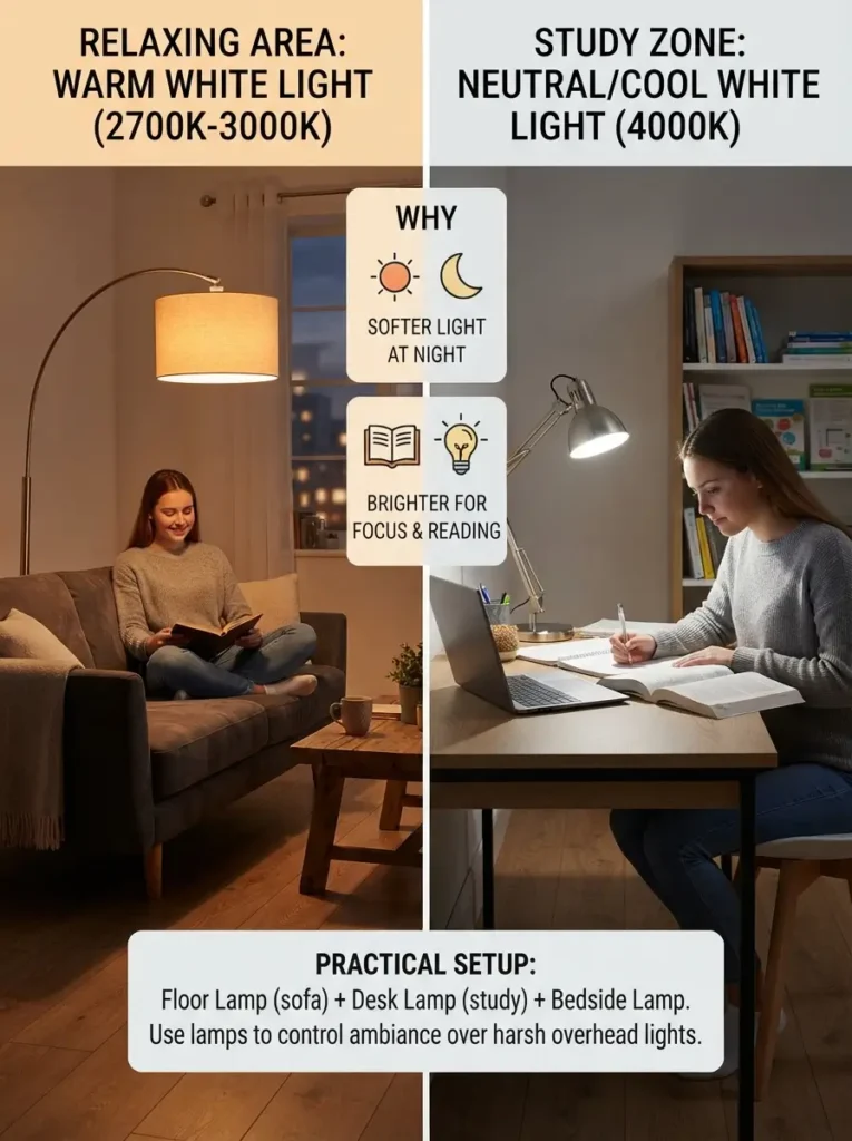 Use Warm Lighting for Comfort and Cool Lighting for Study