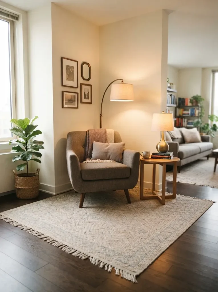 Use a Corner Rug to Define a Soft Seating Area