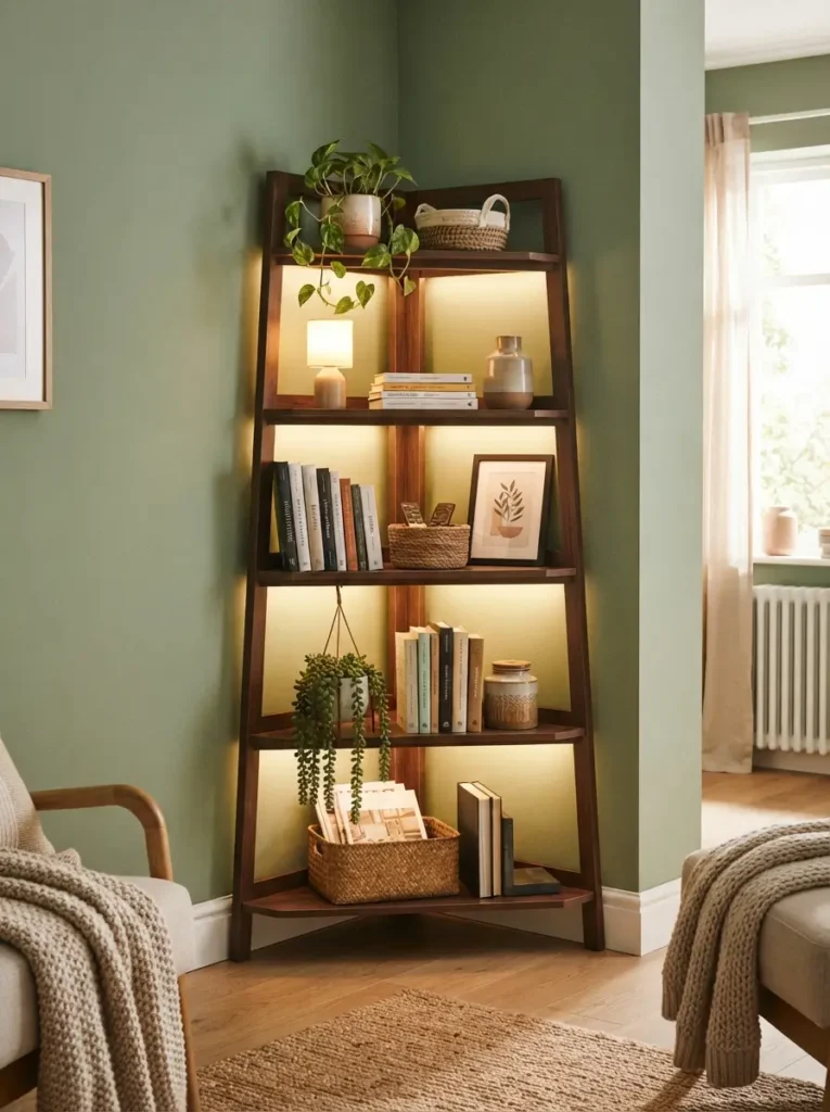 Use a Corner Shelf with Hidden LED Lighting