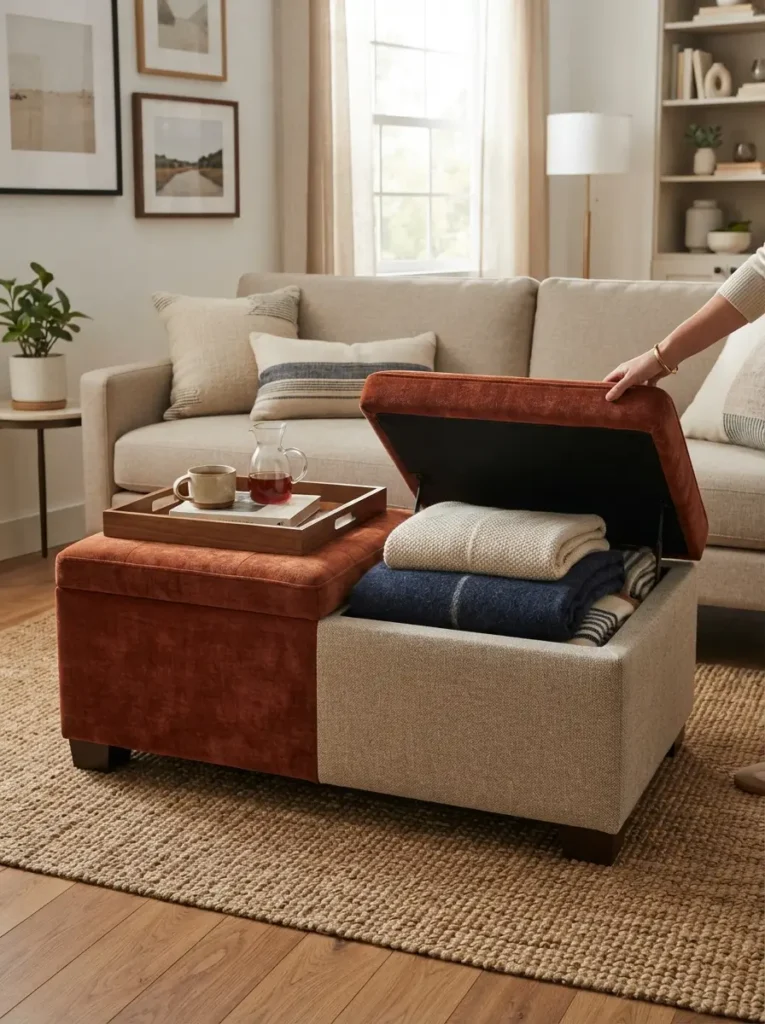 Use a Storage Ottoman as a Coffee Table