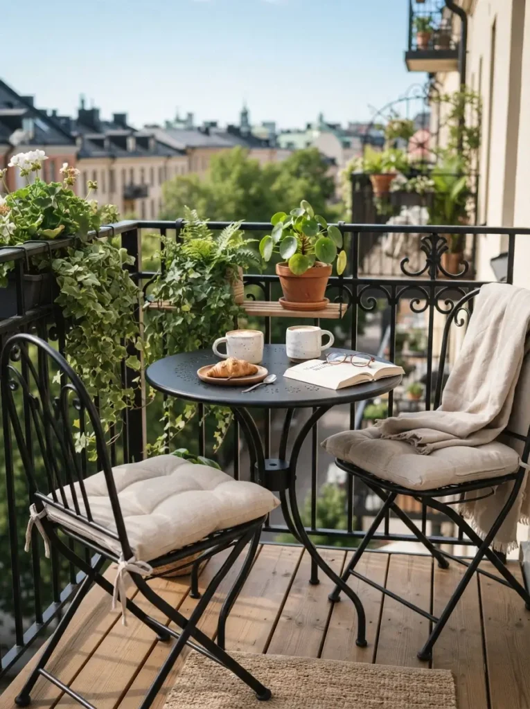 Use a slim bistro set for an easy coffee corner