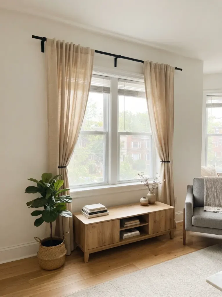 Use black curtain rods with beige curtains