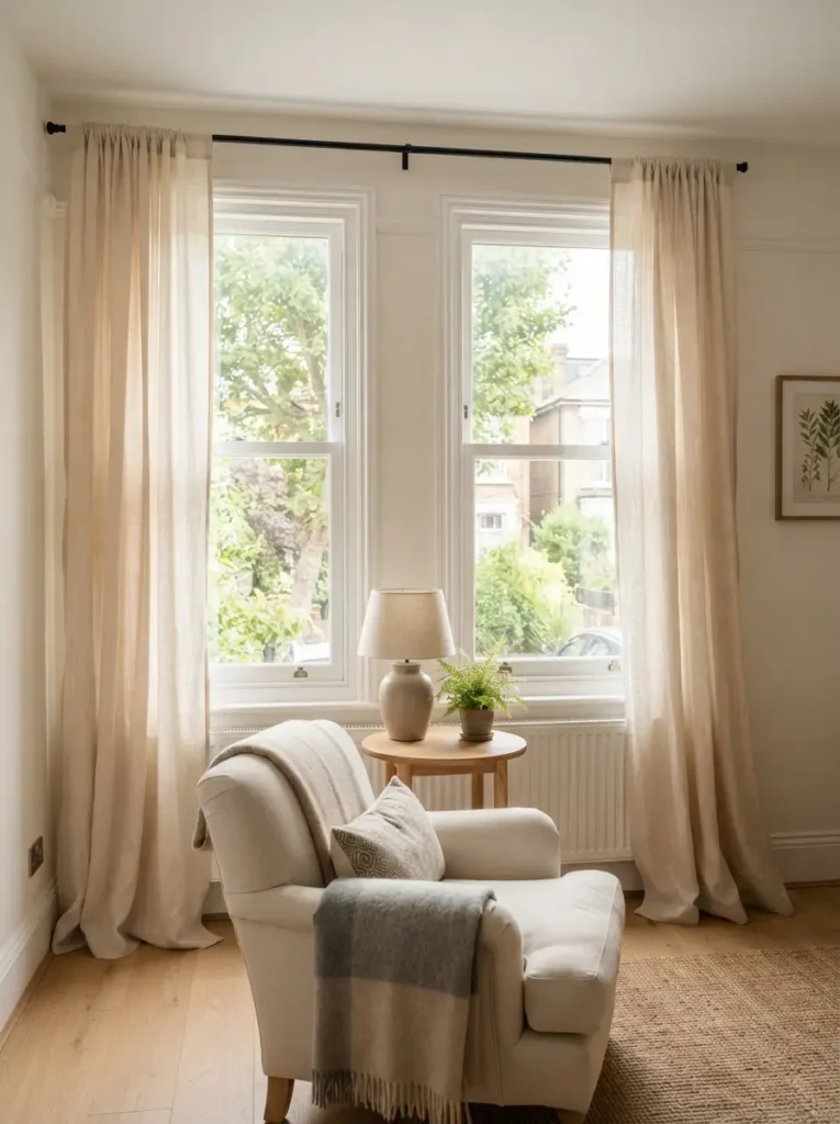 Use curtains to soften plain rental windows