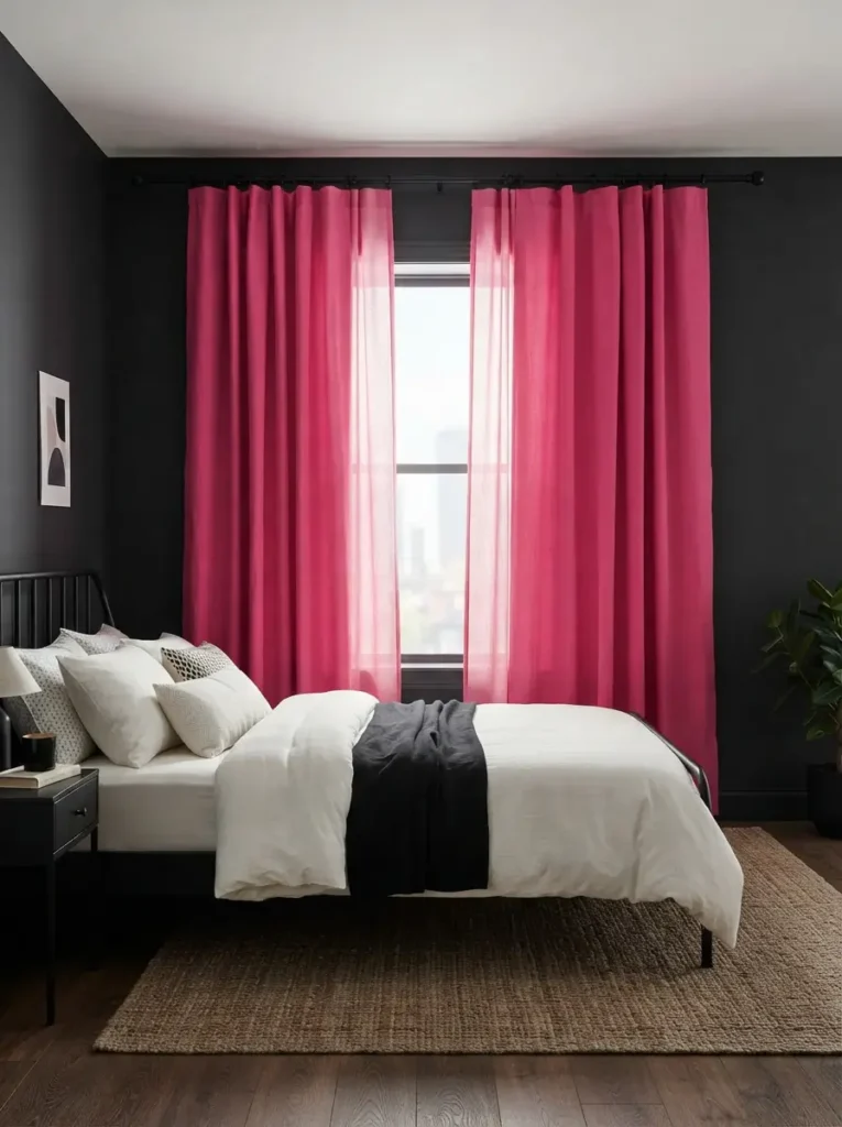 Use hot pink curtains as a vertical accent