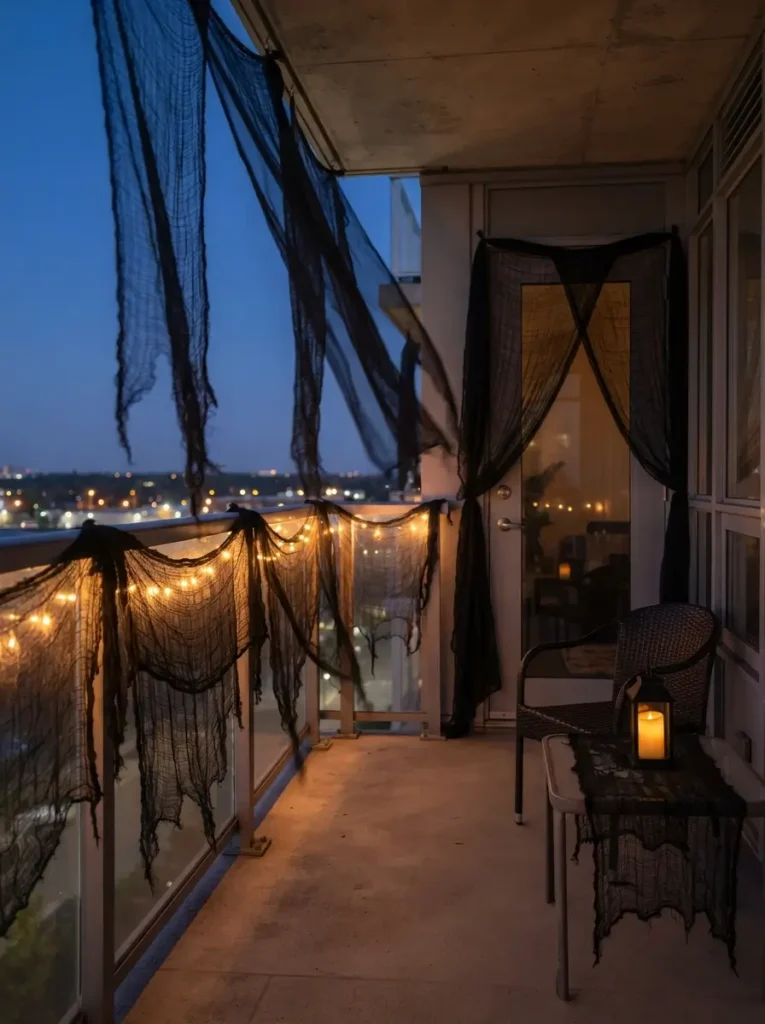 Use sheer black fabric for a haunted curtain effect