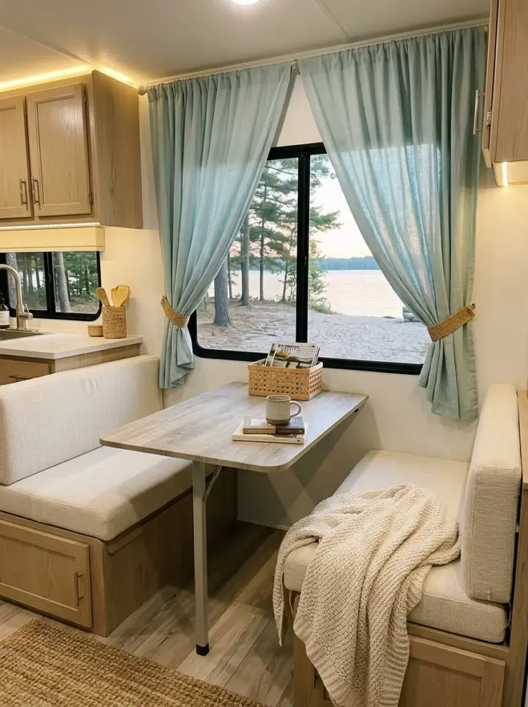 Create A Coastal RV Style With Soft Blue Curtains